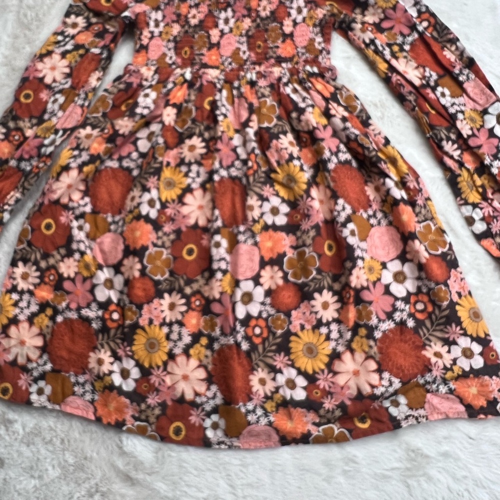 Pink Lily Floral Long Sleeve Dress - Pink, Orange, Brown